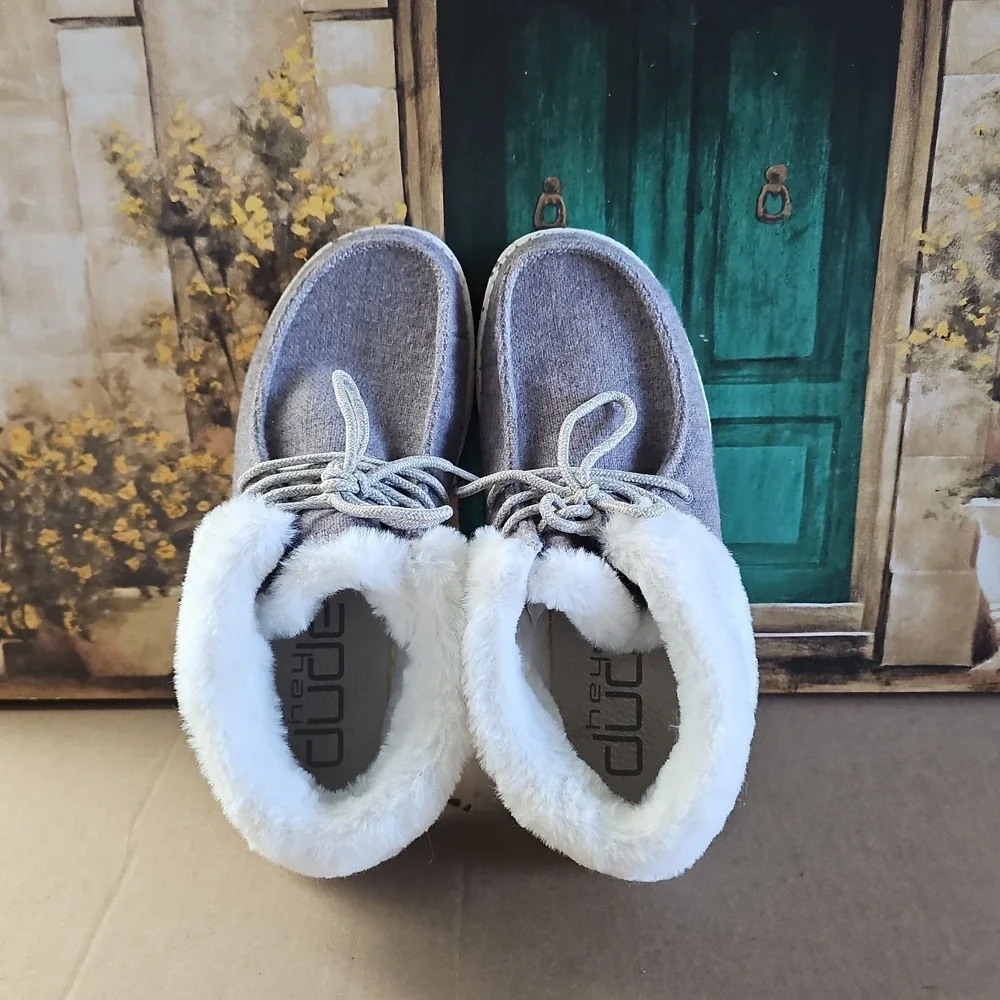 Hey Dude Britt Winter Boots Womens 8 Faux Fur Comfort Moc Toe Gray 121774000